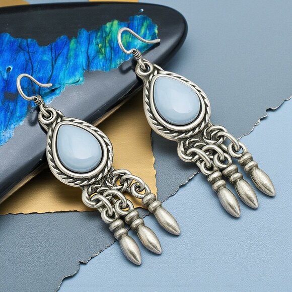 🆕️ Boho Chic Handmade Dangle Earrings Turkish Zamak Silver Plated Turquoise - Picture 10 of 15